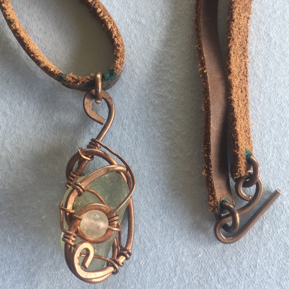 Hand wrapped seaglass necklace on leather chain